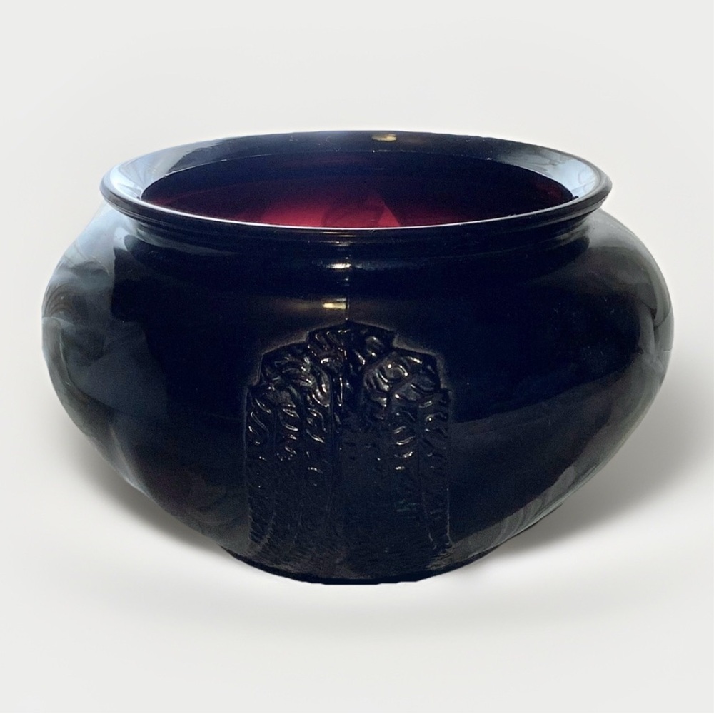 LE Smith Black Amethyst Glass Bowl Glass Round Vase Art Deco